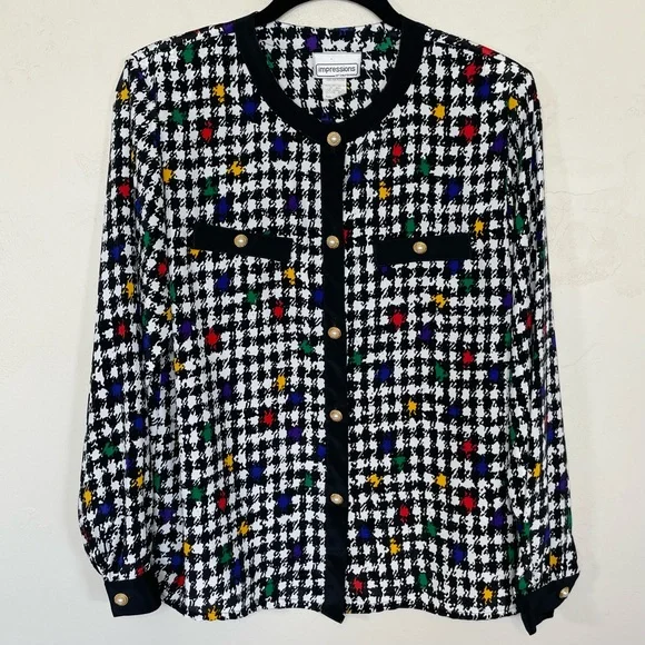 Vintage Impressions of California Colorful Houndstooth Button Down Blouse - Picture 4 of 14